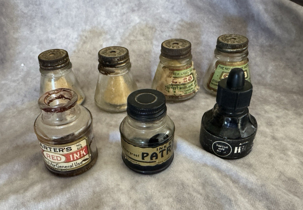 LOT Vtg 7 School Jars- 4 Carter's Cico Liquid Paste Glue Bottles 3 Assorted Inks