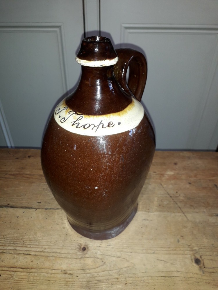 VICTORIAN SLIP GLAZED FLAGON DATED 1883.J THORPE