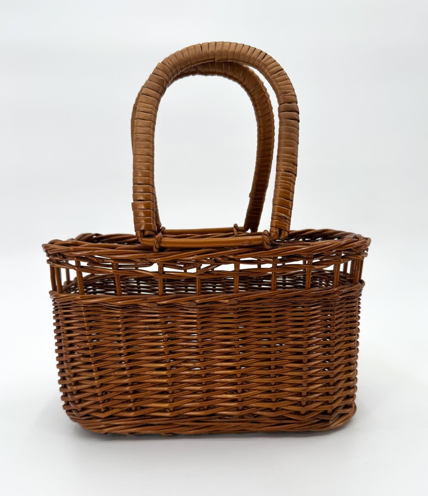 Vintage Wicker Basket Rectangular Handwoven Picnic Tote Double Handles Storage