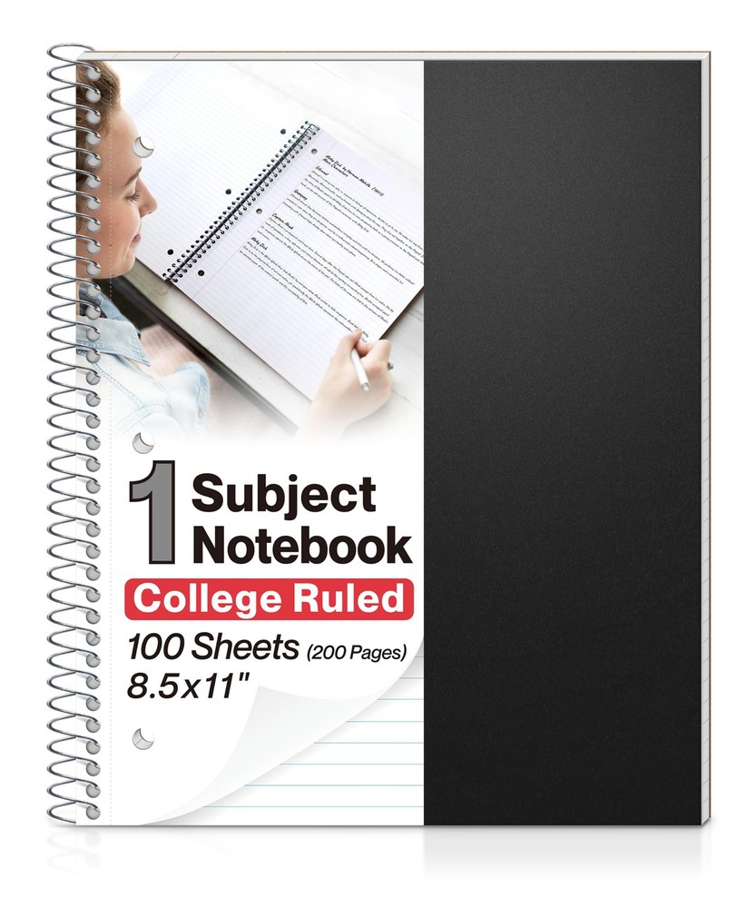 Spiral Notebook, 100 Sheets, Pocket Divider, 3 Hole Punched, Black