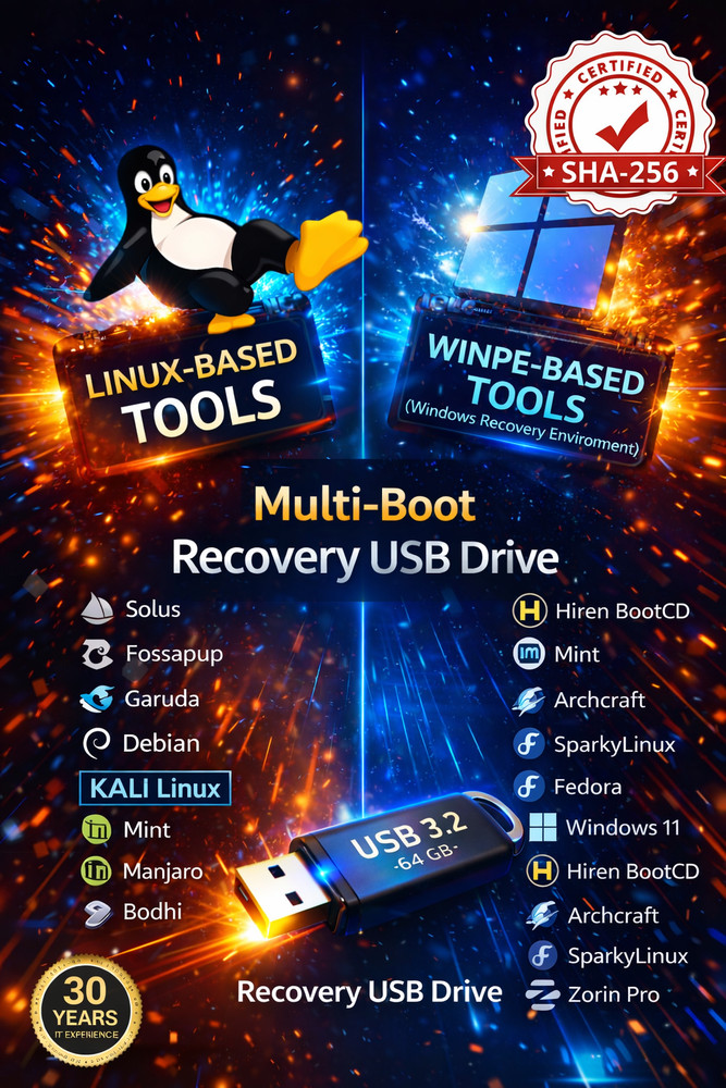 64GB Bootable USB 3.2 PC Repair & Recovery Tool – Windows & Linux Diagnostics