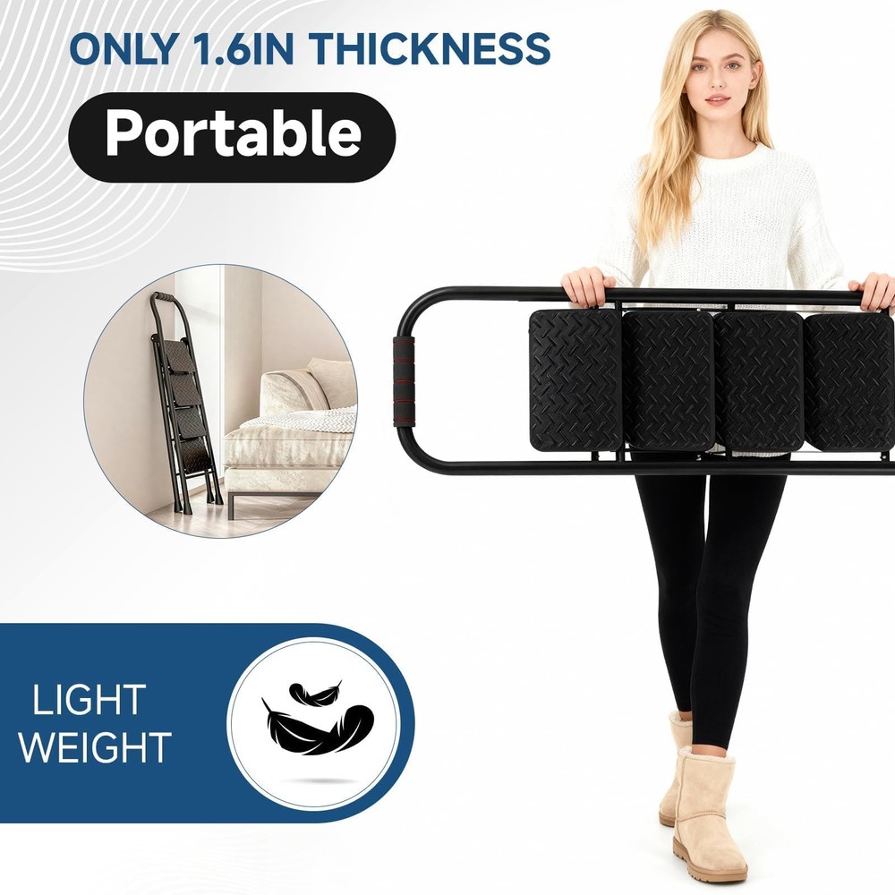4 Step Ladder, Folding Stool with Wide 4 Step, Dark Carbon Black