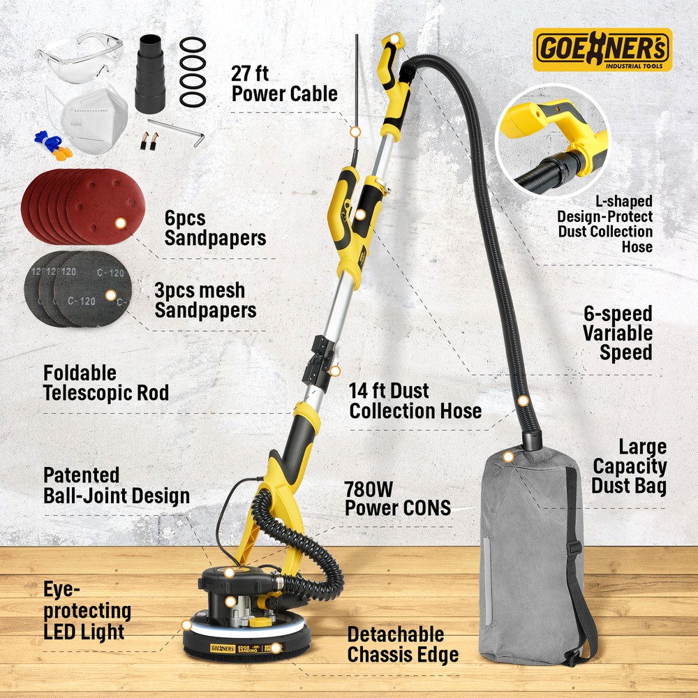 Electric Drywall Sander +Vacuum 7 Variable Speed For Ceiling Sanding LED Light