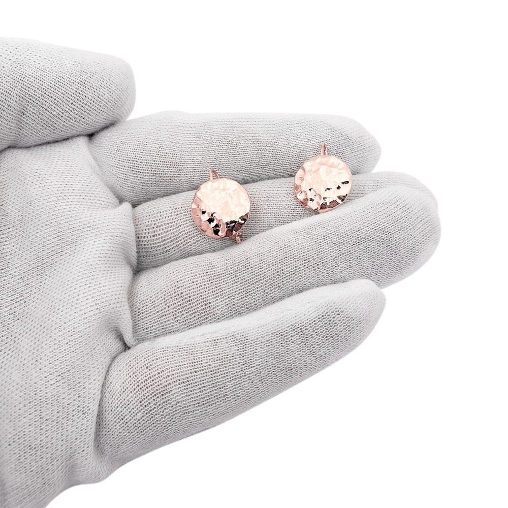 Solid 18K Rose Gold Drop Dangle Hammered Circle Disc Earrings 14mm