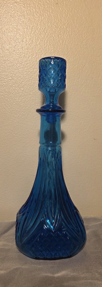 Blue Pressed Glass Decanter Round Starburst Pattern with Stopper Decorative