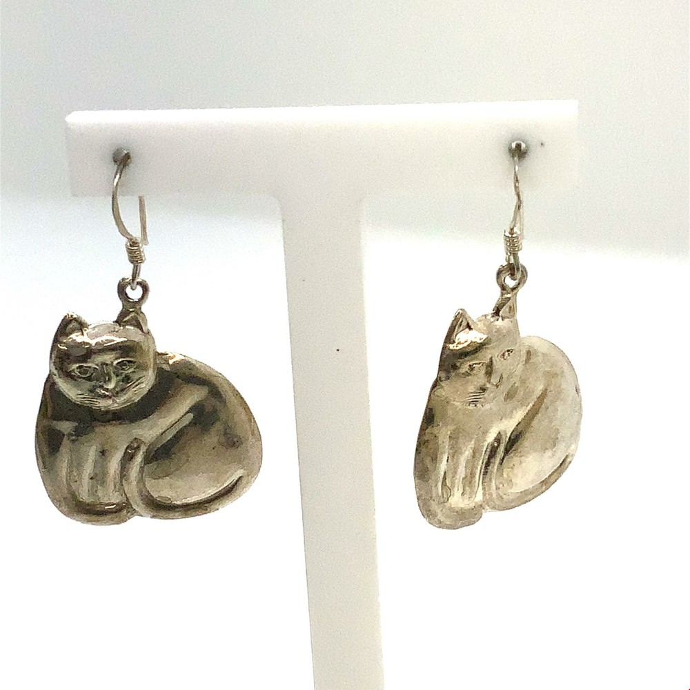 Vintage Signed 925 Sterling Handmade Carved Cat Shape Dangle Hook Earrings