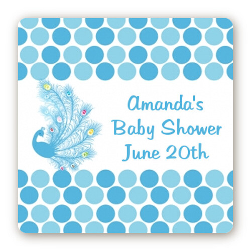 Peacock Square Personalized Baby Shower Stickers