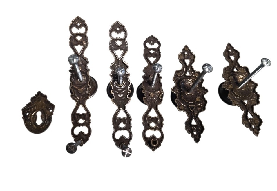 Bronze color Drawer Pulls Backplates Knobs & Keyhole Escutcheon Set