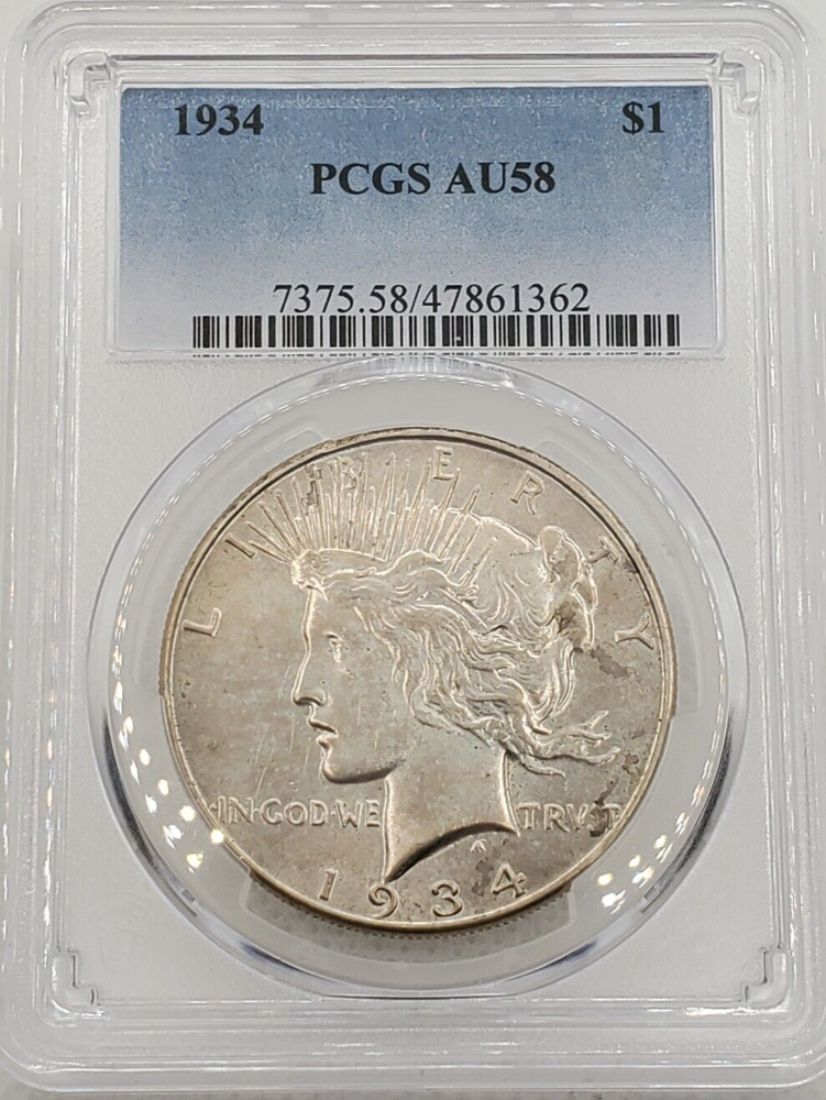 1934 Peace Silver Dollar PCGS AU 58 BLUE LABEL