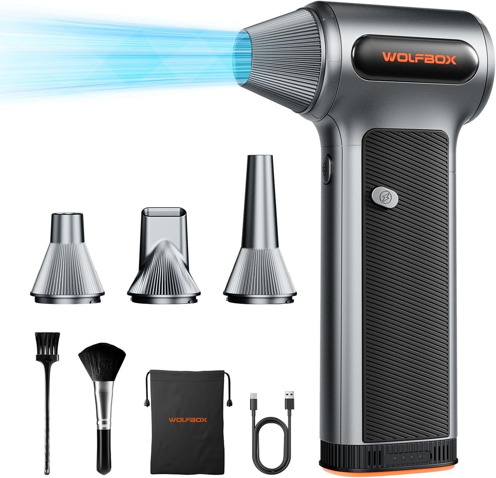 WOLFBOX MF200 Compressed Air Duster w/Removable Battery & 4 Nozzles, Mini Blower
