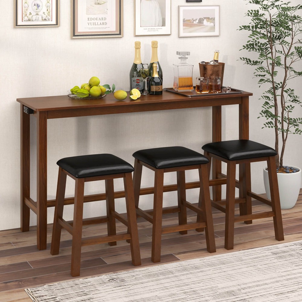4 PCS Bar Table Set w/ Power Outlet Table & 3 PVC Leather Upholstered Bar Stools