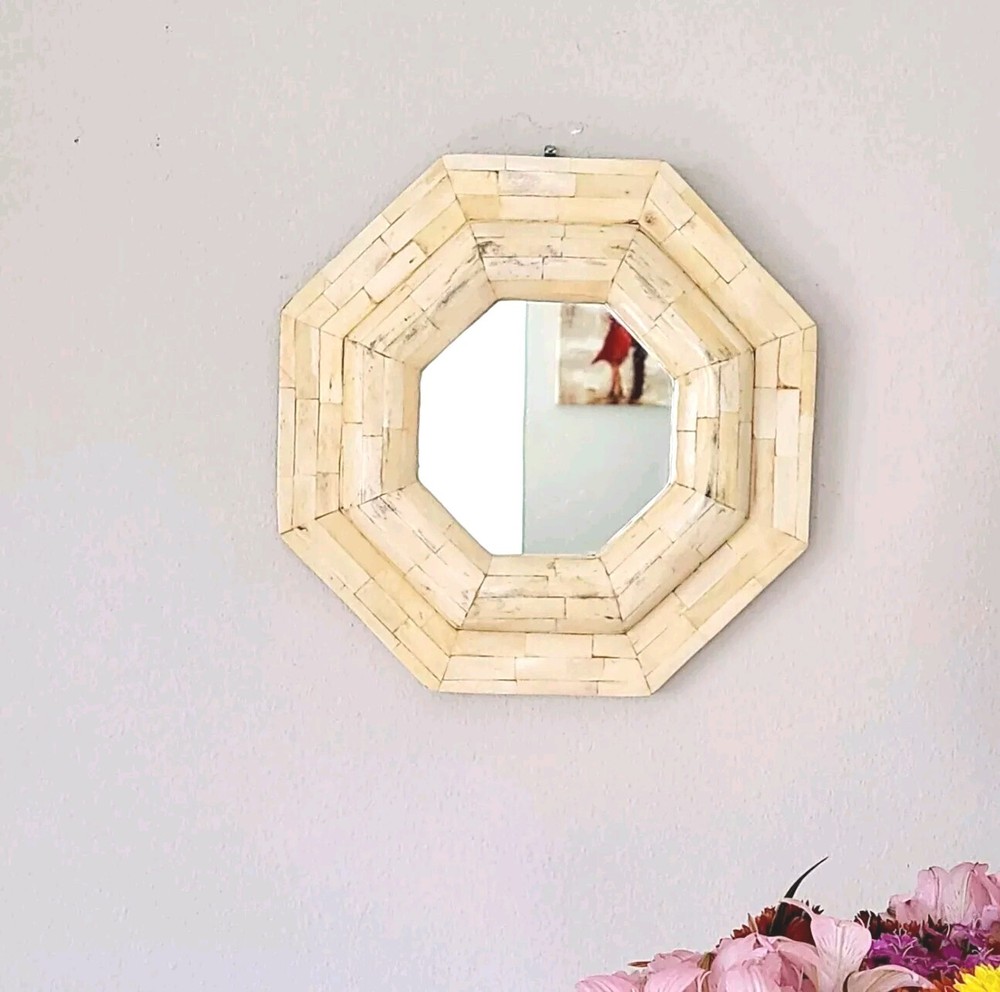 13" Vintage Octagonal Bone Inlay Wall Hanging Mirror