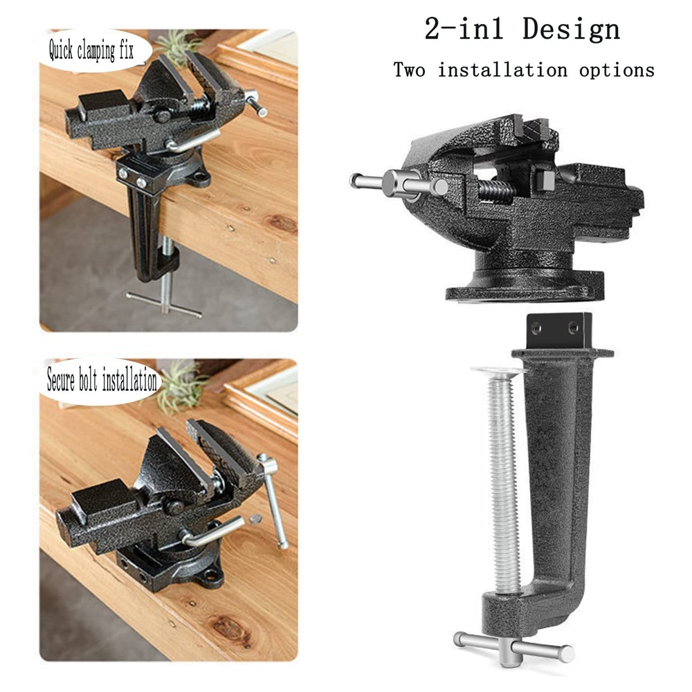Dual-Purpose Bench Table Vise, 360° Rotating, Clamp-On, Quick Adjust