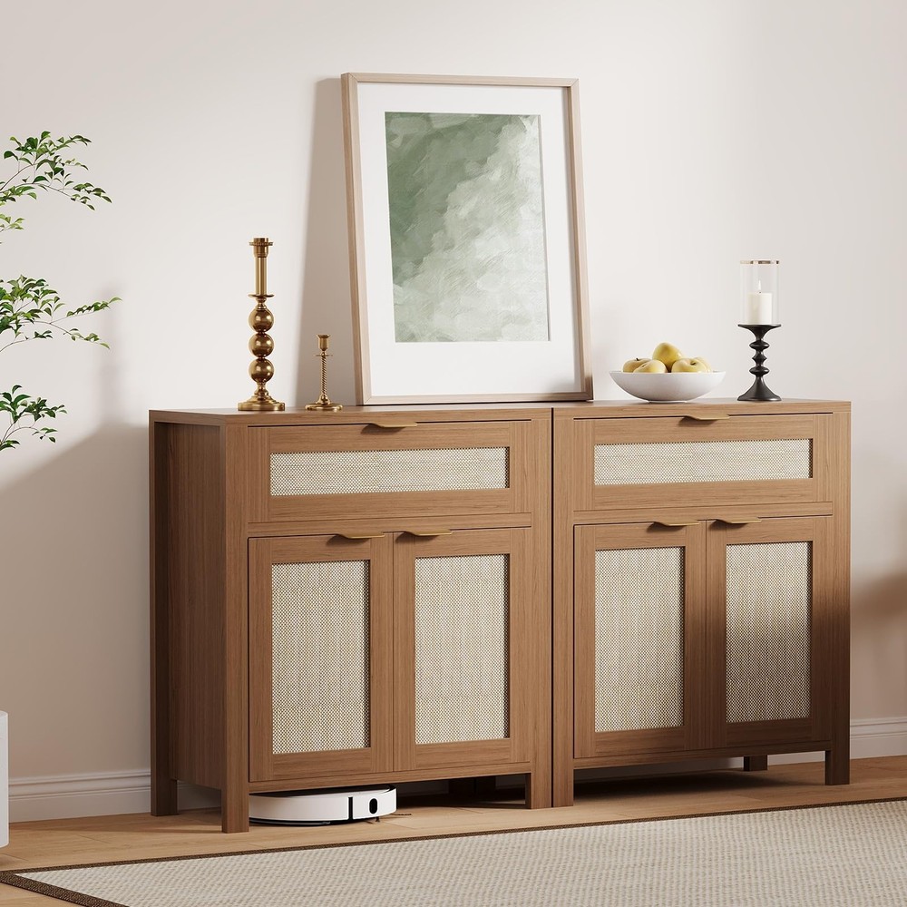 3PCS Rattan Buffet Cabinet with Storage Drawer Buffet Table Console Cabinets