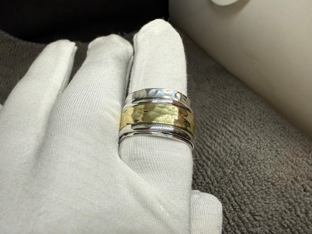 Solid 925 Sterling Silver with Brass Two Tone Fidget Spinner Worry Handmade Ring