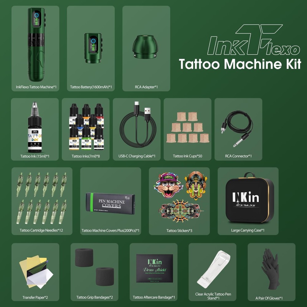 INKin Complete Tattoo Kit for Beginners, Inkflexo Wireless Tattoo Machine wit...