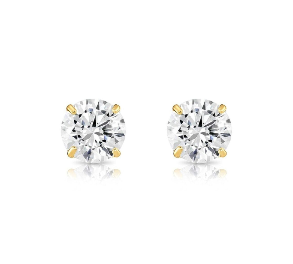 14K Solid Yellow/White Gold Round CZ Stud Earrings Basket Setting 2-10mm