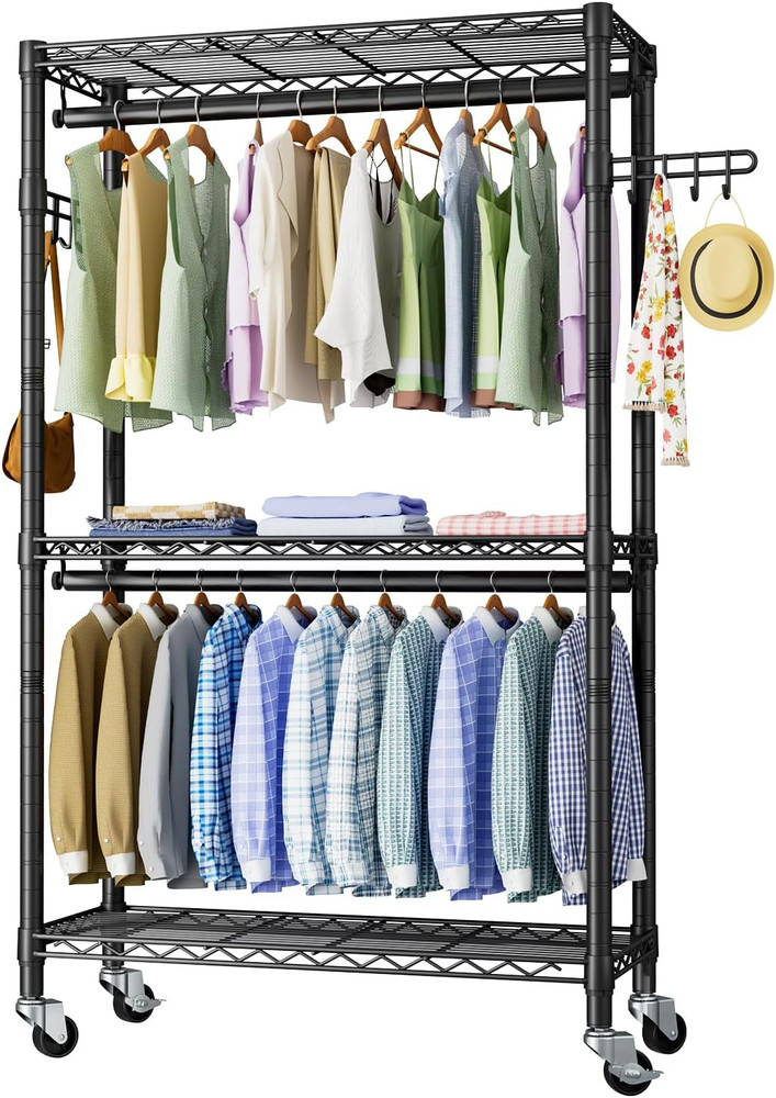 Heavy Duty Rolling Clothes Rack with Adjustable Shelves & Side Hooks