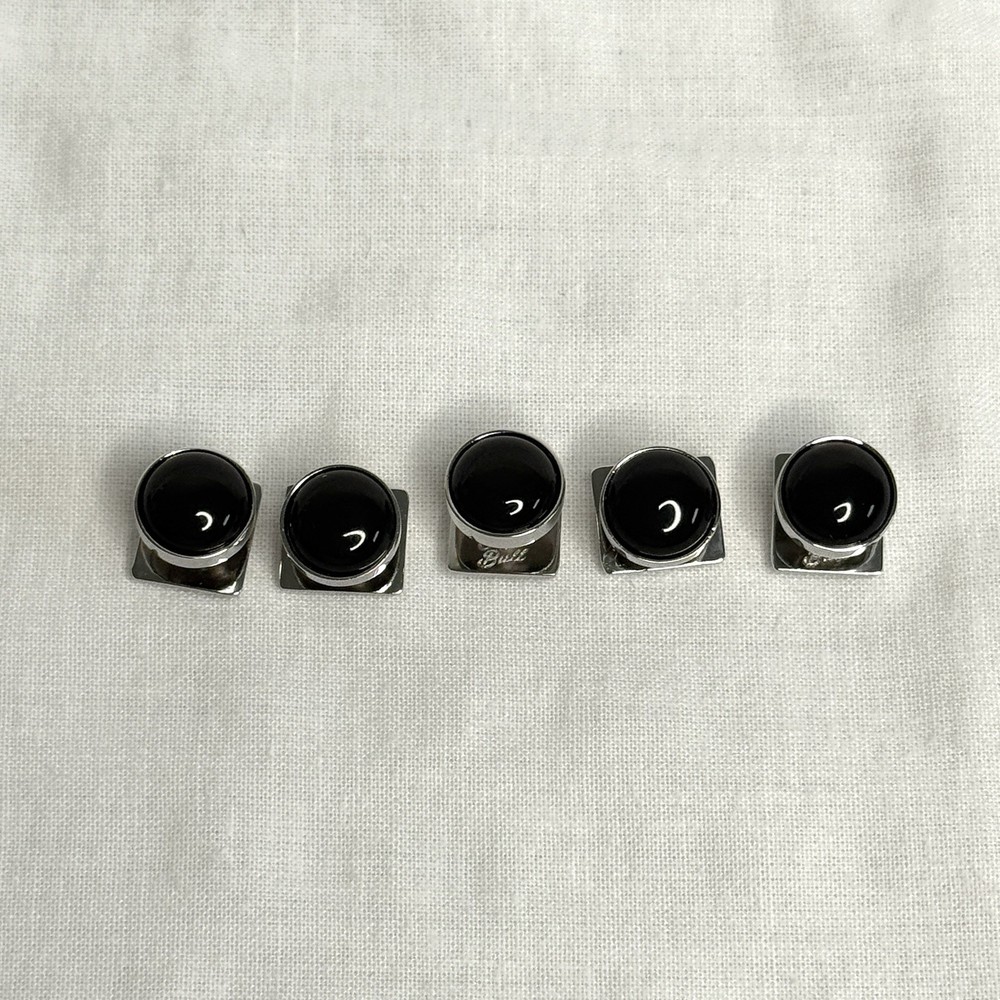 Tuxedo Button Studs Set Silver and Black 5-Studs Set with box