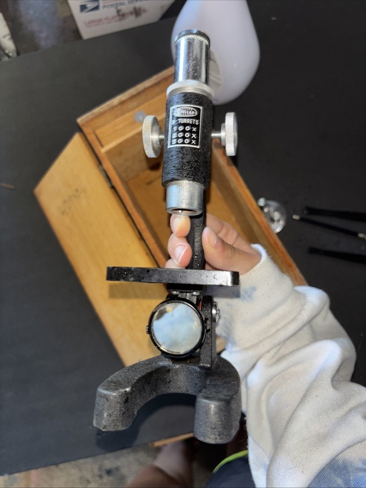 Vintage Stellar 3-turrets Microscope Original Box with Specimens
