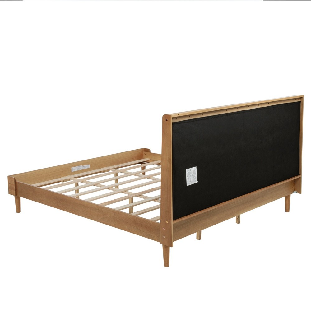 Queen/King Size Solid Wood Platform Bed Frame w/ Upholstered Headboard Wheat