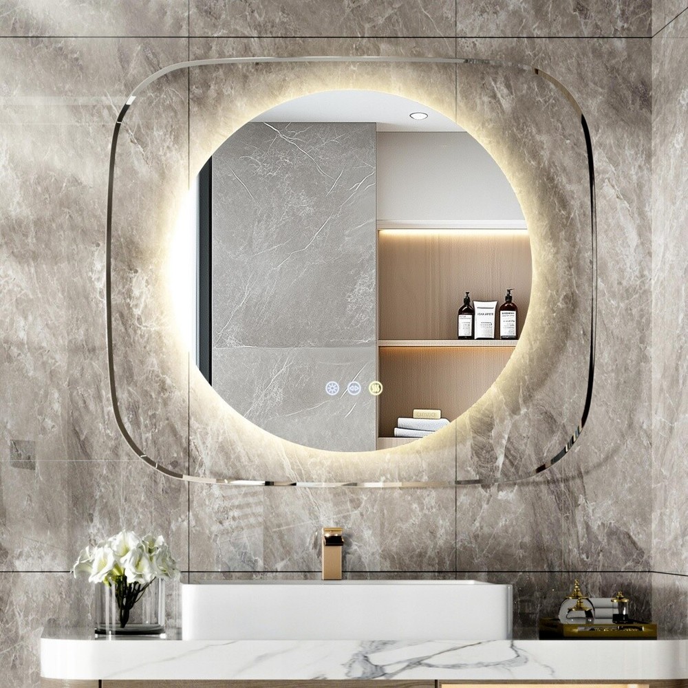 Modern LED Bathroom Mirror w/ Backlit Clear Glass Frame Defog Dimmable Touch HD