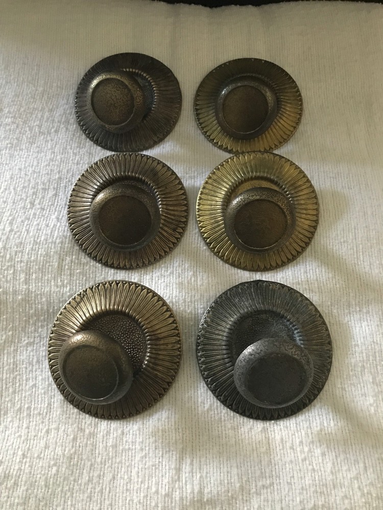6 Vintage Antique Brass Finish Drawer Pulls with Back Plates
