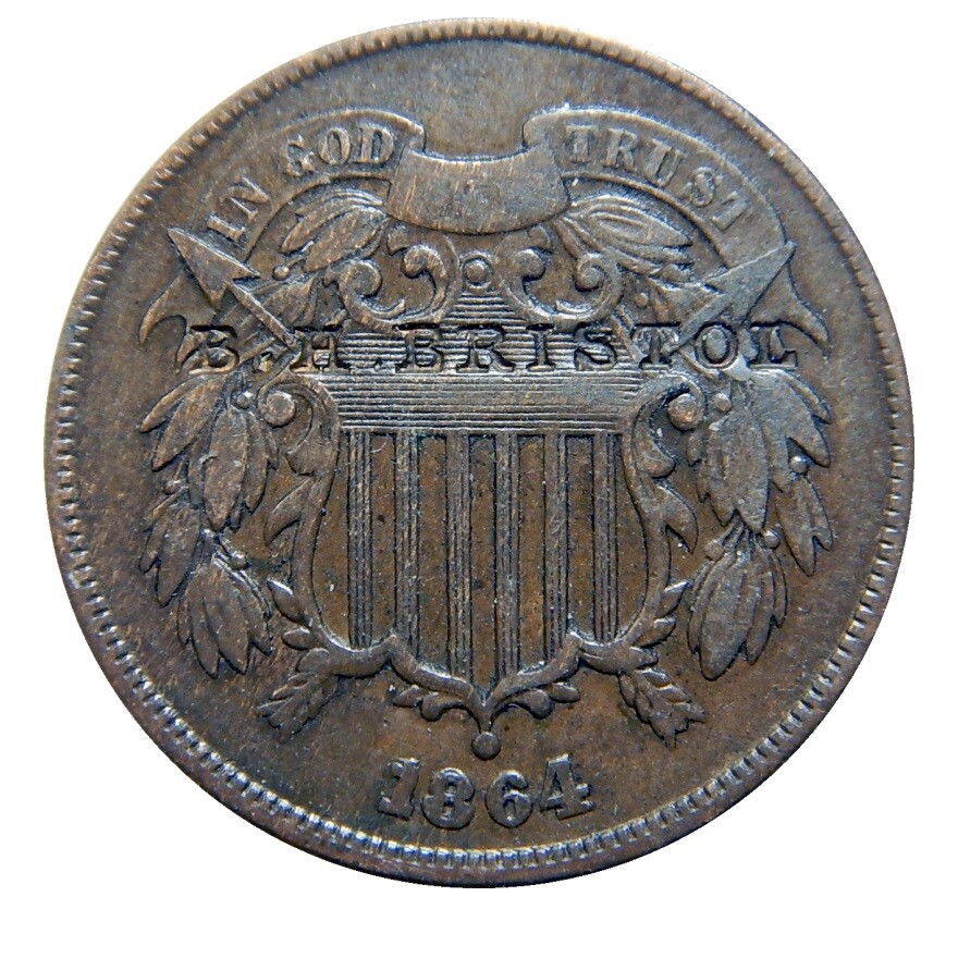Two cent piece 1864 doubled date counterstamp B.H.Bristol