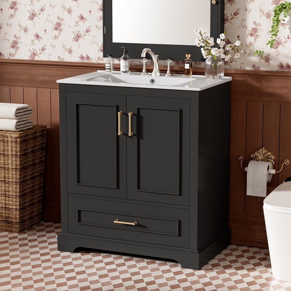 30" Bathroom Vanity w/ Sink, Black, Soft-Close Doors & Drawer, Solid Wood+MDF