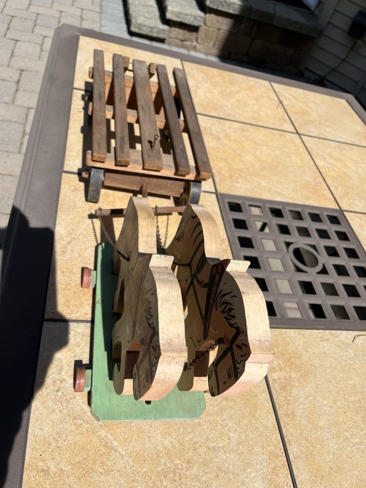 Vintage Wood Hand Painted Two Horses Pulling Cart