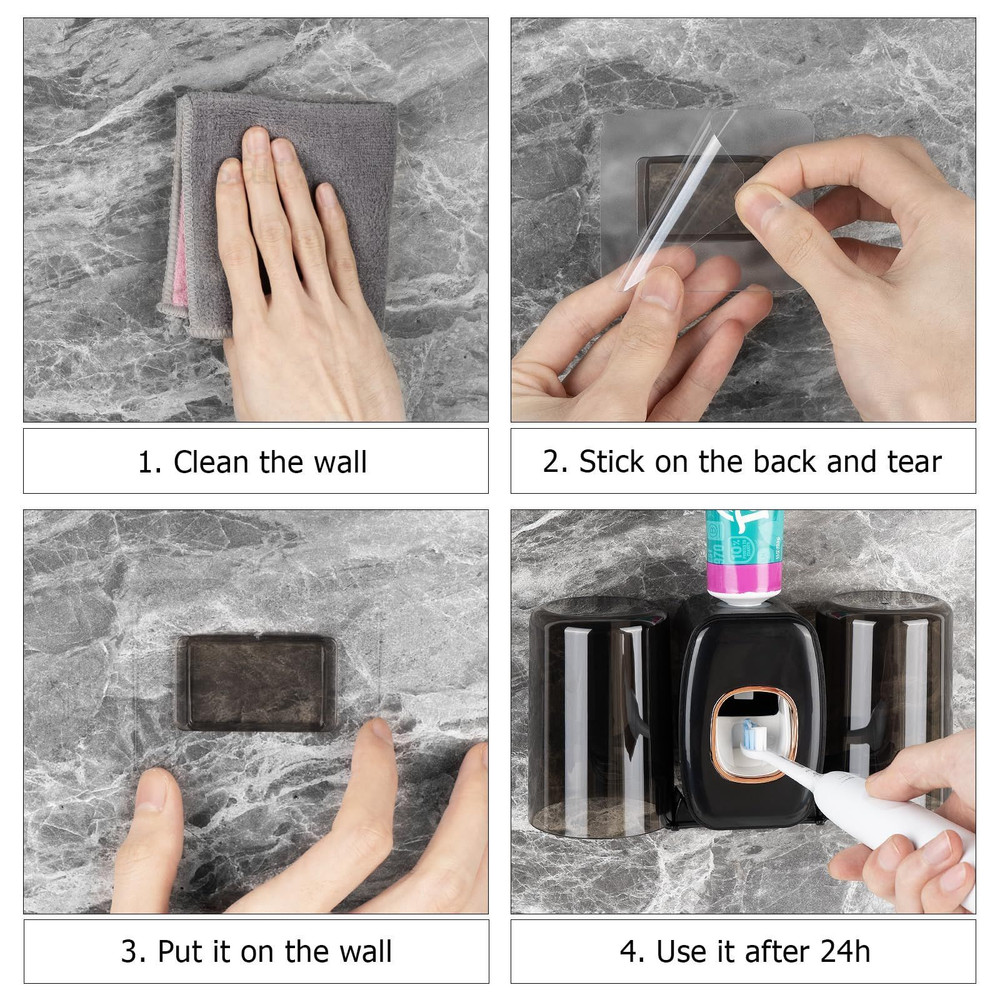 4 Slots Wall Mount Toothbrush Holder with Cover, Self Adhesive Black