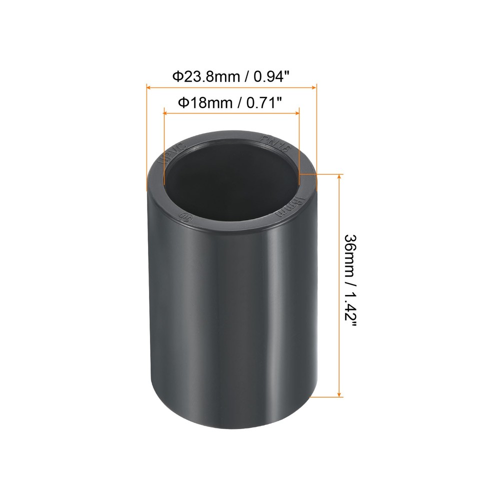 UPVC Pipe Fitting 18mm Socket, 4 Pack Straight Couplings, Dark Grey