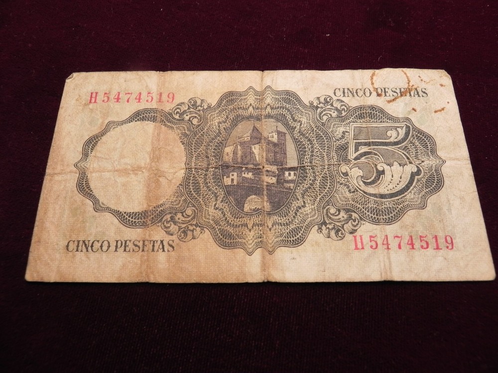 1951 Spain 5 Pesetas Bank Note Circulated