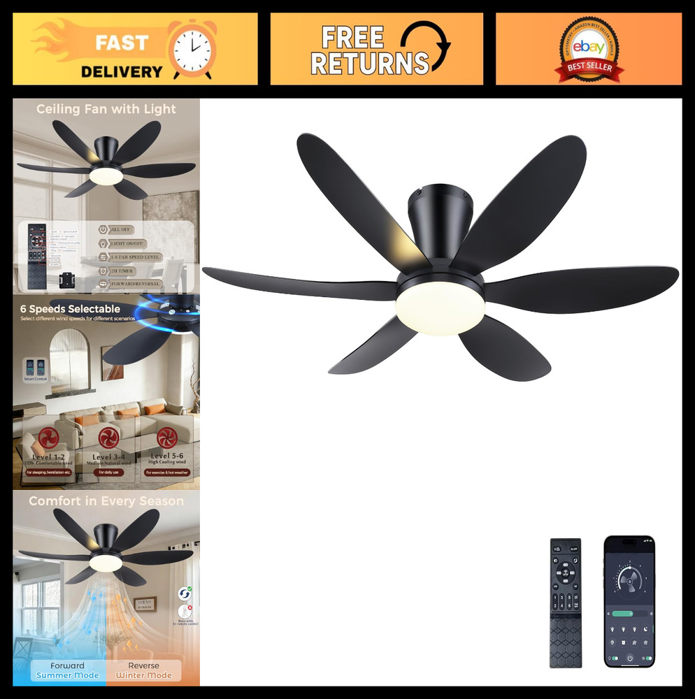 42" Low Profile Ceiling Fan with Light & Remote, Dimmable, Reversible, Noiseless