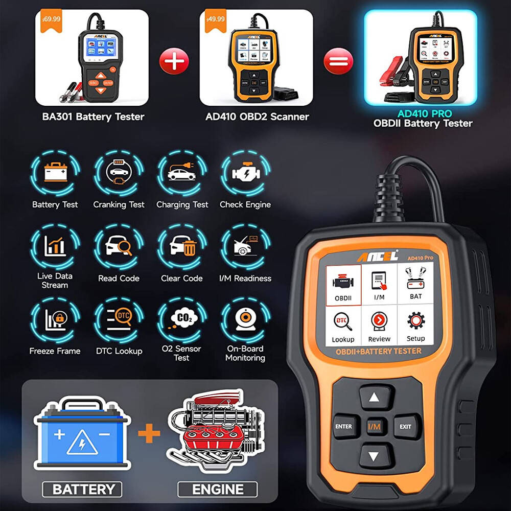ANCEL AD410 PRO OBD2 Scanner Battery Test Check Engine Light Diagnostic Tool