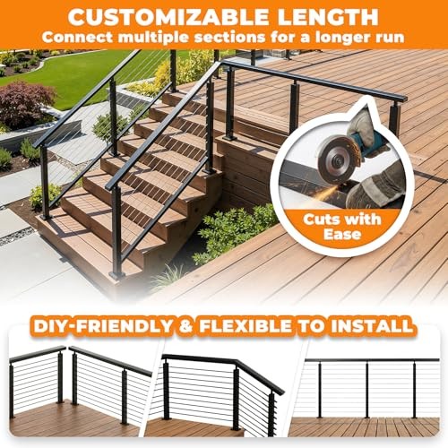 4FT Stainless Steel Black Handrail for Cable Railing System, Rectangular Flat