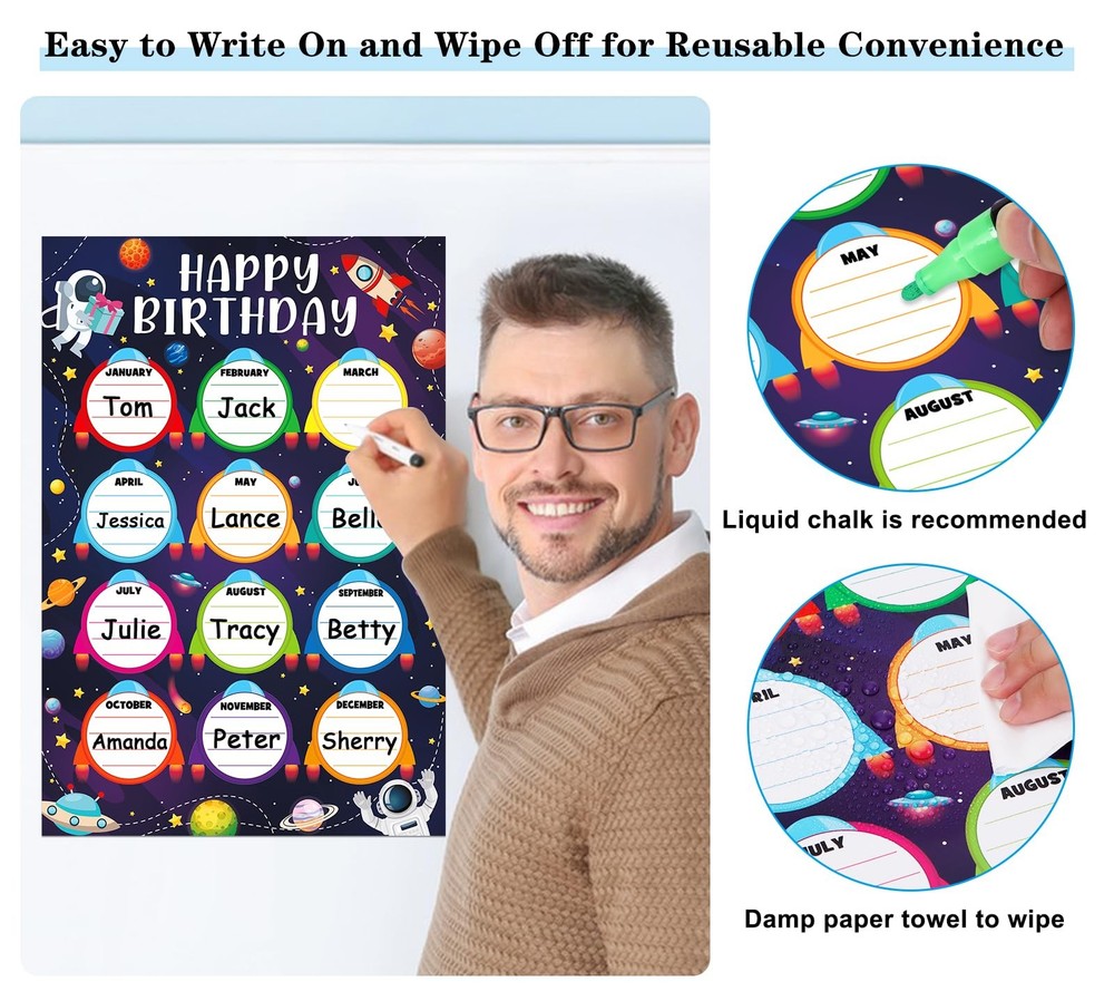 Outer Space Birthday Chart - Reusable Laminated Classroom Calendar for Bullet...