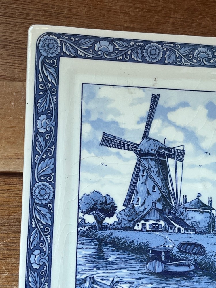 Blue & White Delftware Handwork by Elesva Holland Windmill Scene Ceramic Plaque
