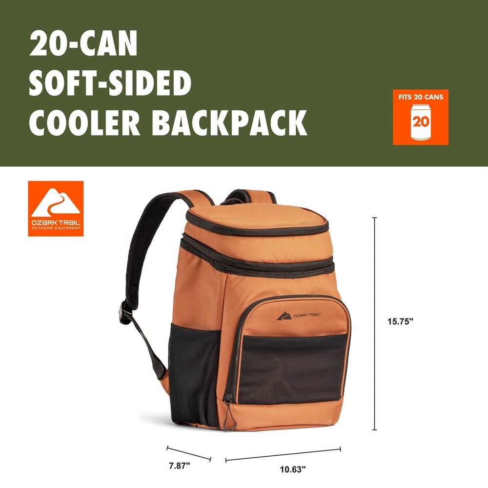 15 qt 20-Can Soft-Sided Cooler Backpack Adjustable Shoulder Straps Brown