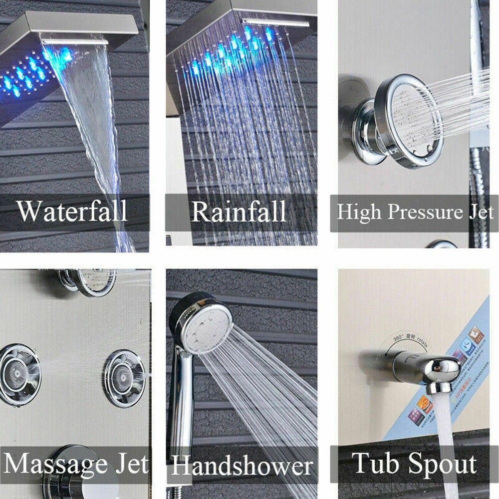 Rain&Waterfall Shower Panel Tower System Stainless Steel 6-Function LED Massage