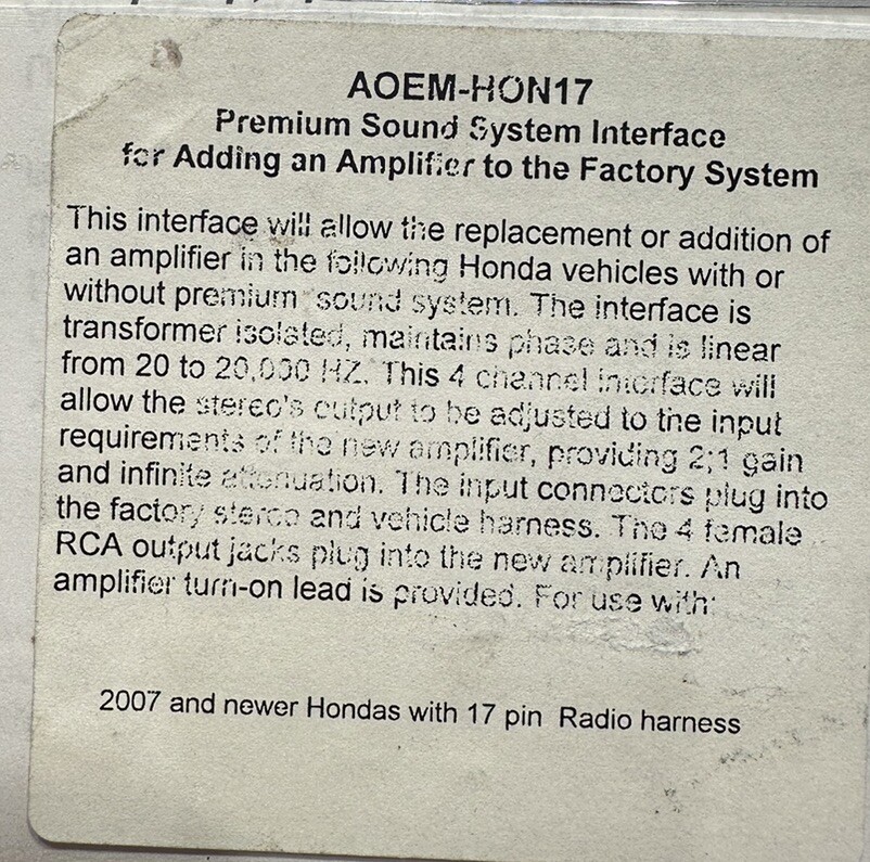 PAC AOEM-HON17 Amplifier Integration Interface Honda / Acura With Bose