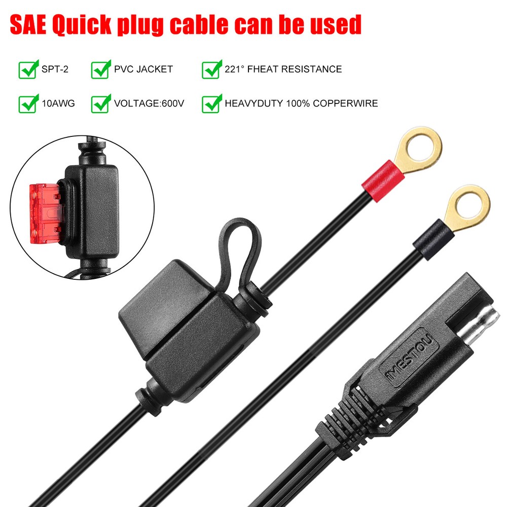 2Pcs 2FT SAE Battery Connector Cable 2-Pin Ring Terminal Harness Extension Wire
