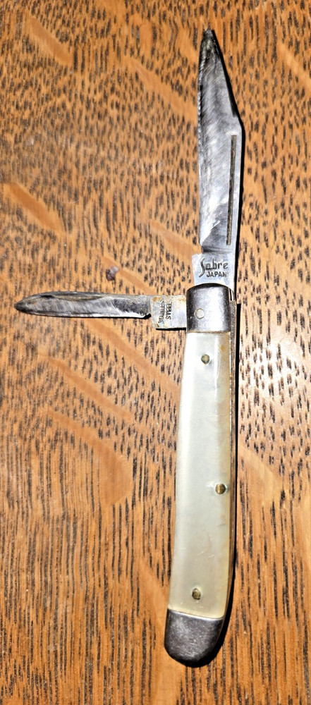 Vintage SABRE 2 Blade Folding Knife White Handle Japan