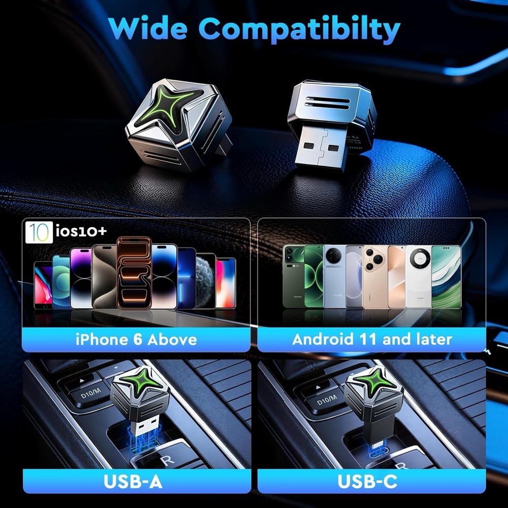 Wireless CarPlay Adapter with Button Control, 5s Fast Auto-Reconnect