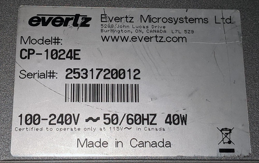 Evertz CP-1024E Quartz Router Control Panel, Rackmount Unit