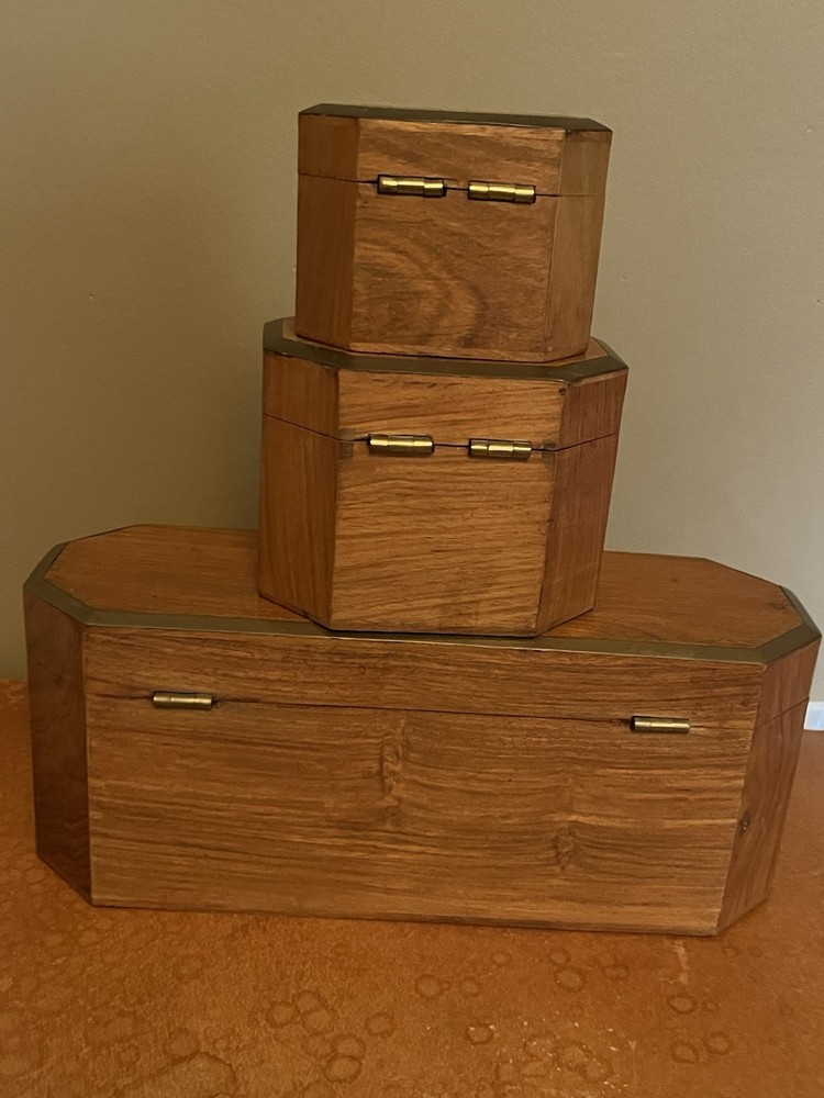Vintage Foreside 3pc Solid Wood Locking Keepsake Boxes Brass Trim Nesting w/ Key