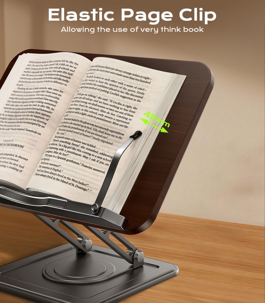 Book Stand for Reading, Adjustable Book Holder with 360°Rotating Bases, Ergon...