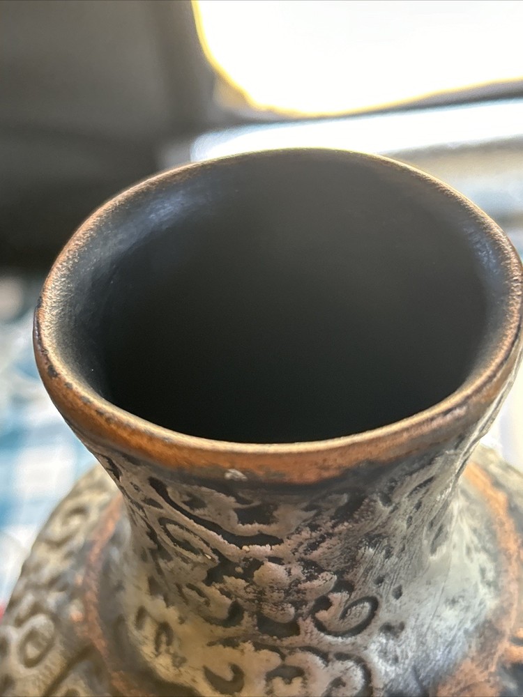 10.5” Ceramic Vase. Raised Design, Hand Painted.