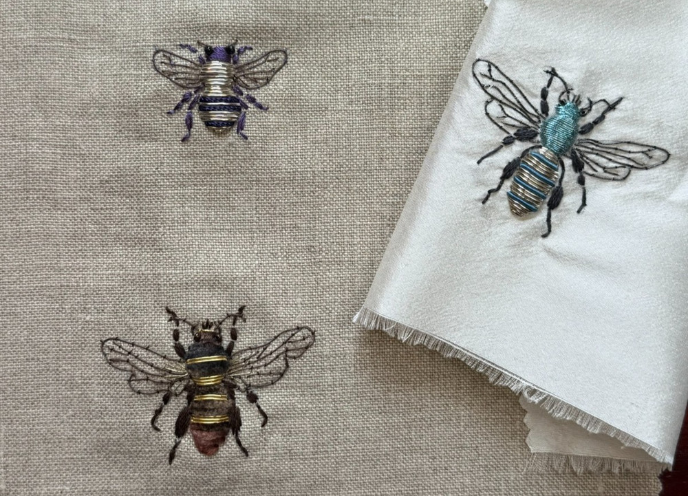 TEXTILE - EMBROIDERY - 3 BUMBLEBEE PATTERNS - CATERPILLAR THREAD, METAL THREAD