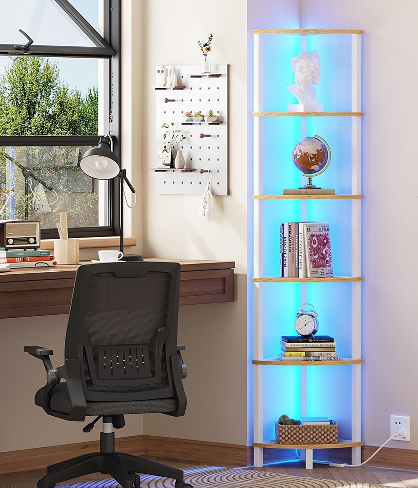 VIMBER 6-Tier Corner Shelf with LED Light, Industrial Corner Ladder Shelf, Rusti